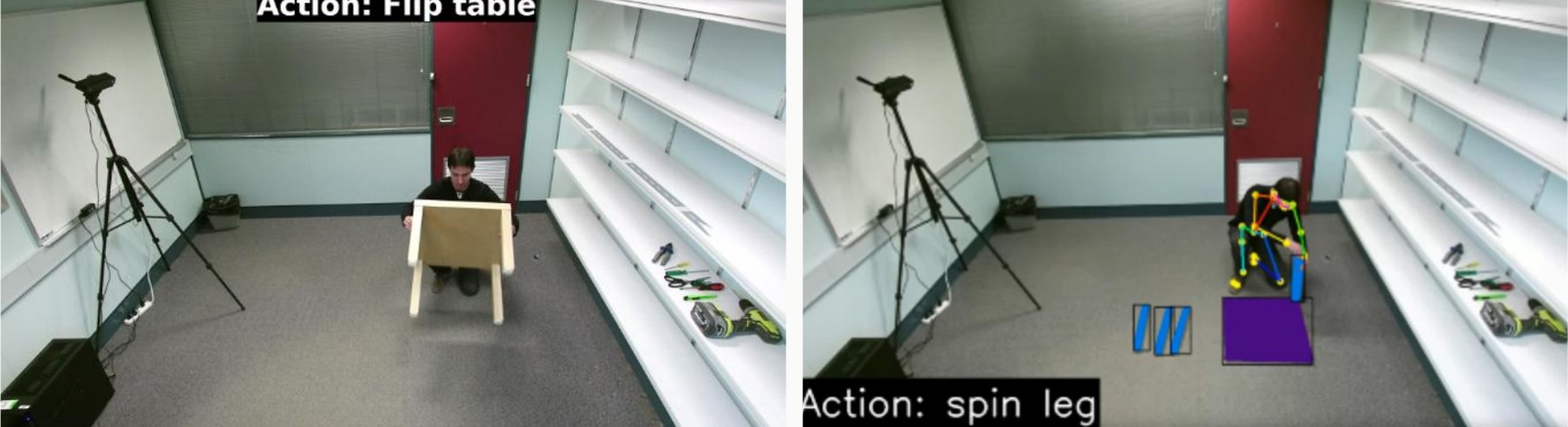 Two action-recognition frames with pose-estimation skeleton overlays from a furniture-assembly ergonomic study