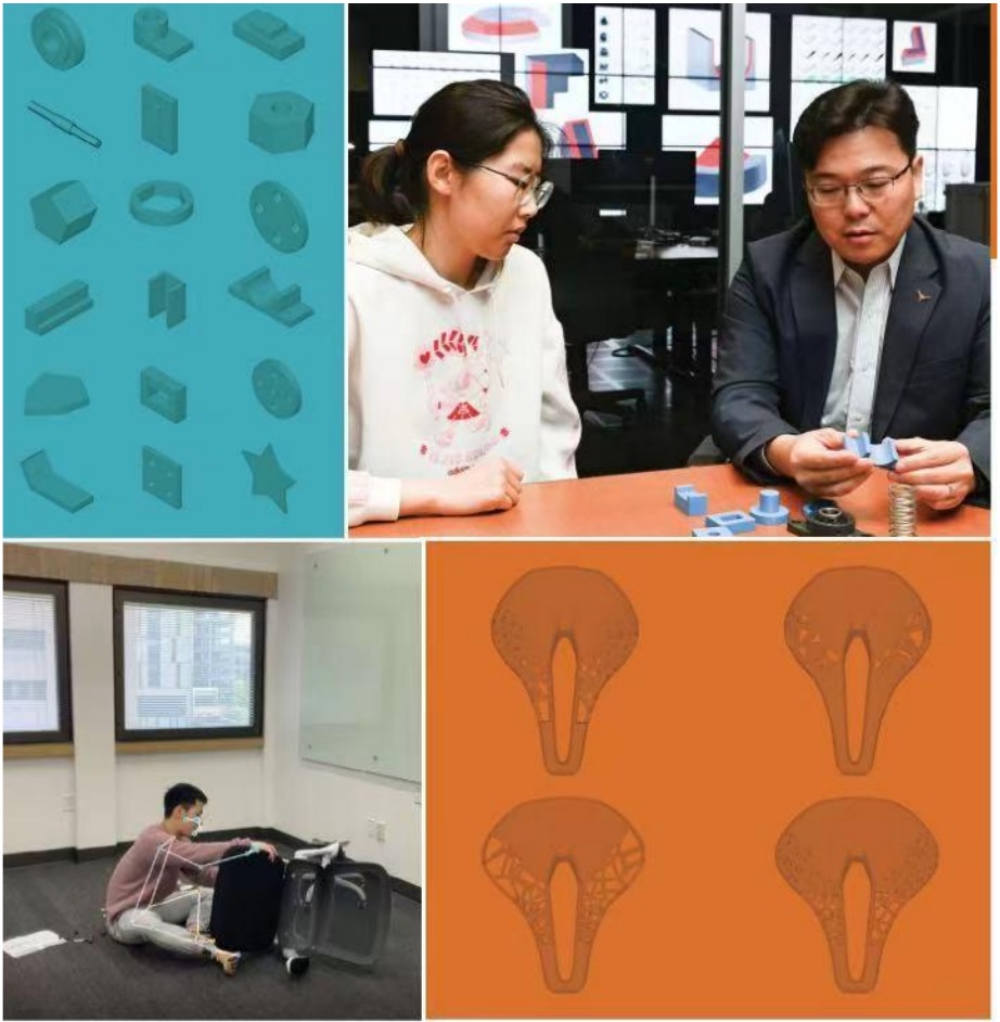 Four-panel magazine spread from Texas Mechanical Engineer 2026 page 22 — generative CAD library, researcher meeting with PI Dr. Chong, motion-capture session, and topology-optimized saddle shells