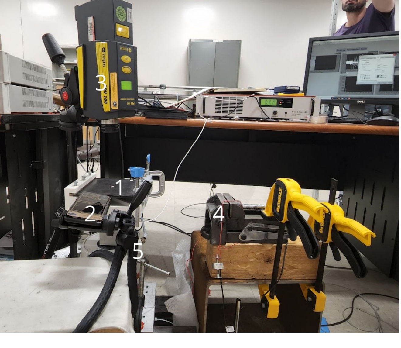 Custom rubber noise-measurement bench with shaker, LDV, force gauge, and microphone